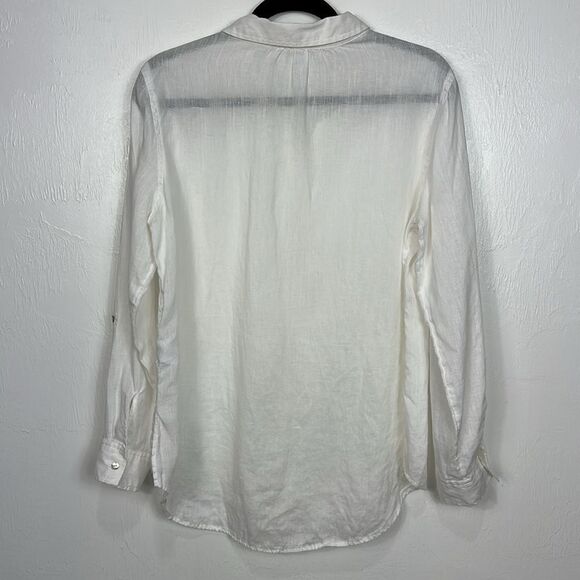 Tahari Linen White Collared Long Sleeve Button Front Blouse Top Size M - Picture 3 of 6